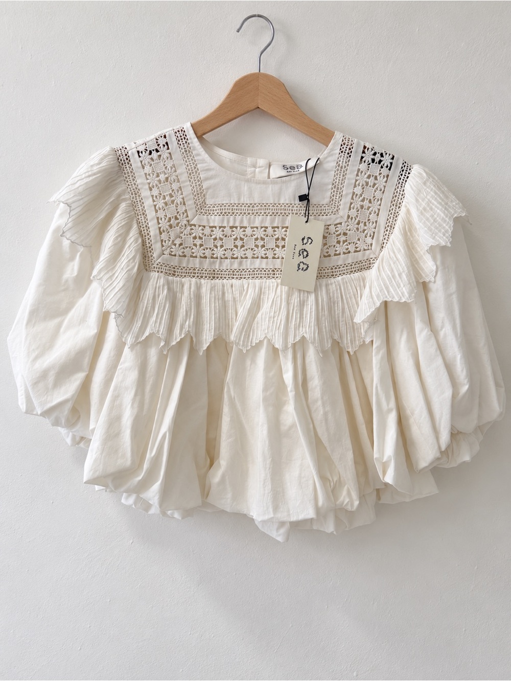 Sea New York Cream Crochet Yoke Puff Sleeve Blouse